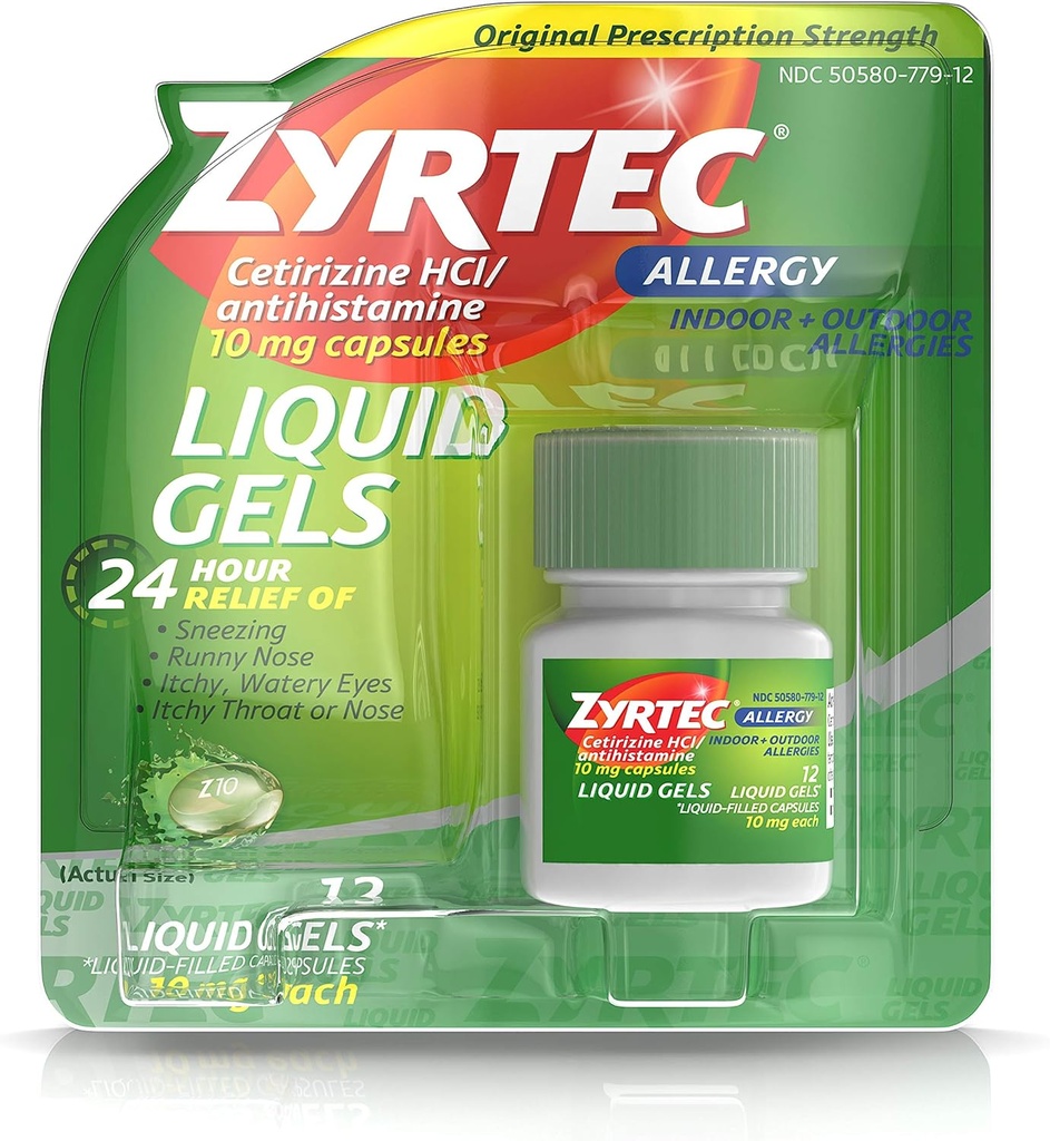 Zyrtec 24 Hour Indoor & Outdoor Allergy Liquid Gels, Antihistamine Capsules med Cetirizine Hydrochloride för All-Day Allergy Relief, 12 ct (Pack of 2)