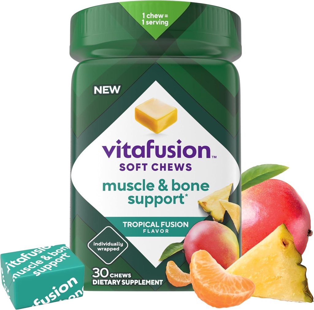 Vitafusion Soft Chews Muscle & Bone Support (1), Vuxen tuggbar vitamin D för ben- och muskelsupport, individuellt inslagen, tropisk fusionssmak, 30 Chews, 30 Day Supply