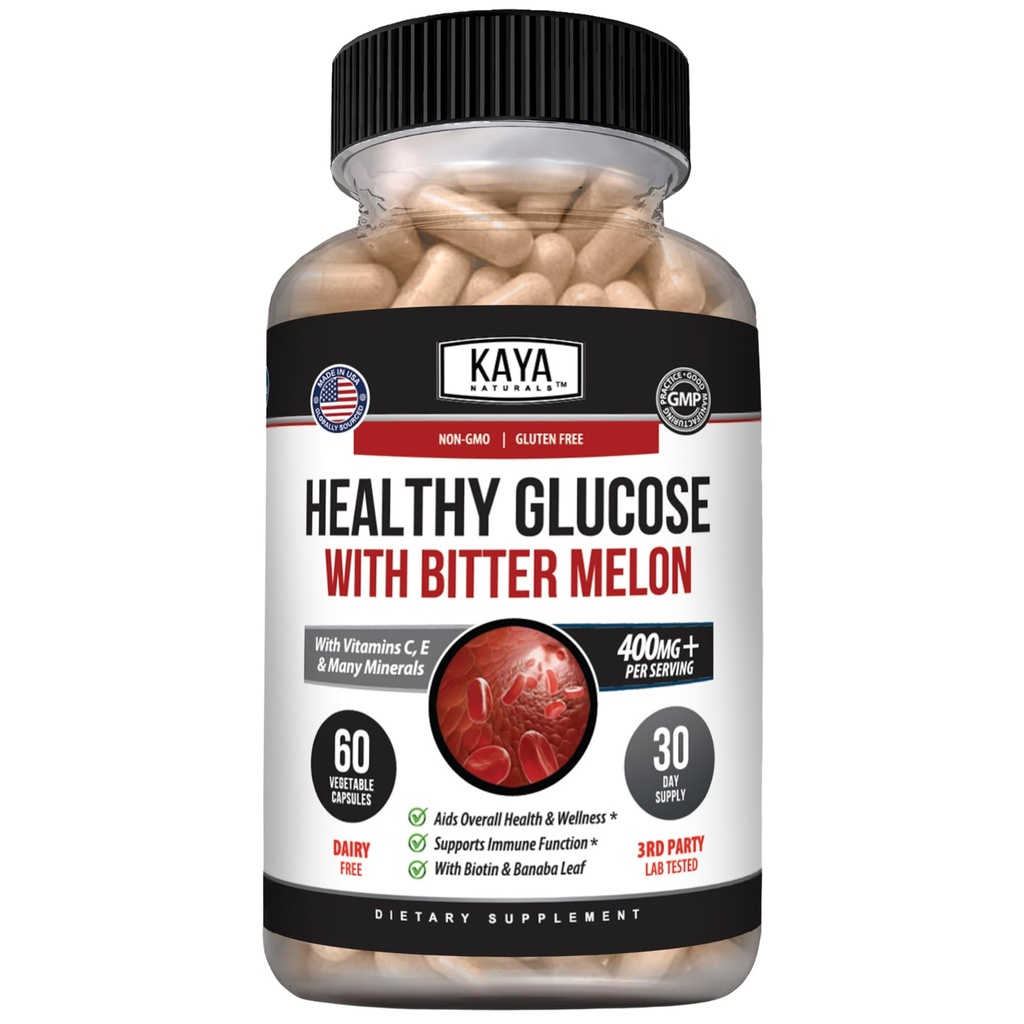 Kaya Naturals Healthy Gluco med Bittermelon Supplement | Stöd hälsosamma nivåer och funktion, 20 örter Vitaminer och mineraler, Alpha Lipoic Acide, Cinnamon, Vitamin C & E, Non-GMO (60 greve)