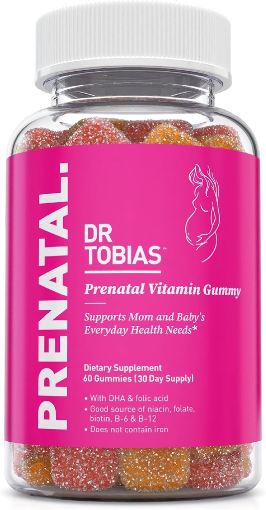 Dr Tobias Prenatal Vitamin Gummy, Iron Free Prenatal Vitamins med DHA och Folic Acid, Niacin, Biotin, B6, & B12, innehåller fiskolja, för Pre & Postnatal Support, 60 Gummies, 30 portioner