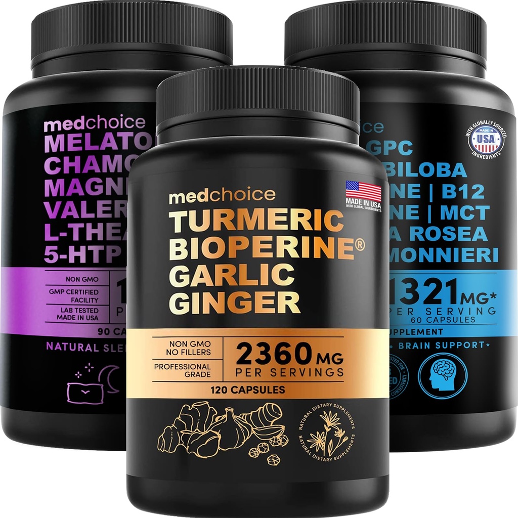 MEDCHOICE Turmeric & Ginger (120ct), Sleep Melatonin (90ct) och Nootropic Brain (60ct) Supplement Bundle - Wellness Trio för hjärna, sömn och immunstöd - Vegan, icke-GMO, Gluten-Free