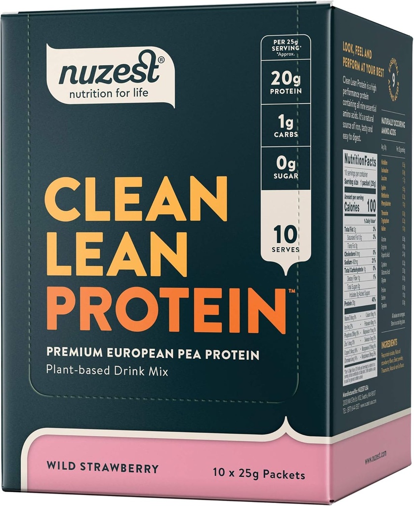 Nuzest - Pea Protein Powder - Clean Lean Protein, Premium Vegan Plant Based Protein Powder, Dairy Free, Gluten Free, GMO Free, Protein Shake, Wild Strawberry, 0.9 oz, (Pack of 10)