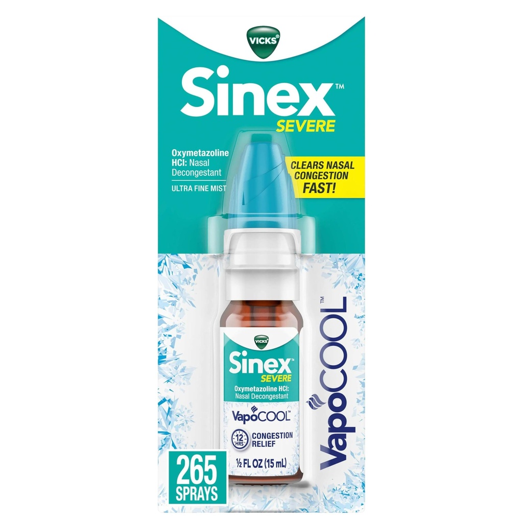 Vicks Sinex SEVERE Nasal Spray med VapoCOOL, Soothing Vicks Vapors, Decongestant Medicine, Relief från Stuffy Nose på grund av Cold or Allergy, & Nasal Congestion, Sinus Pressure Relief, 265 Sprays