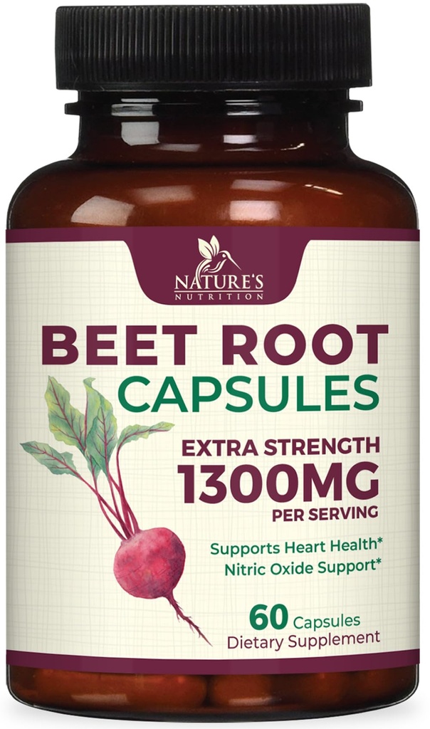 Beet Root Capsules 1300mg - Extra Strength Red Beetroot Powder Supplement - Stöder Nitric Oxide Production, Heart Health & Natural Energy - Non-GMO, Vegan, Gluten Free - 60 Veggie Capsules