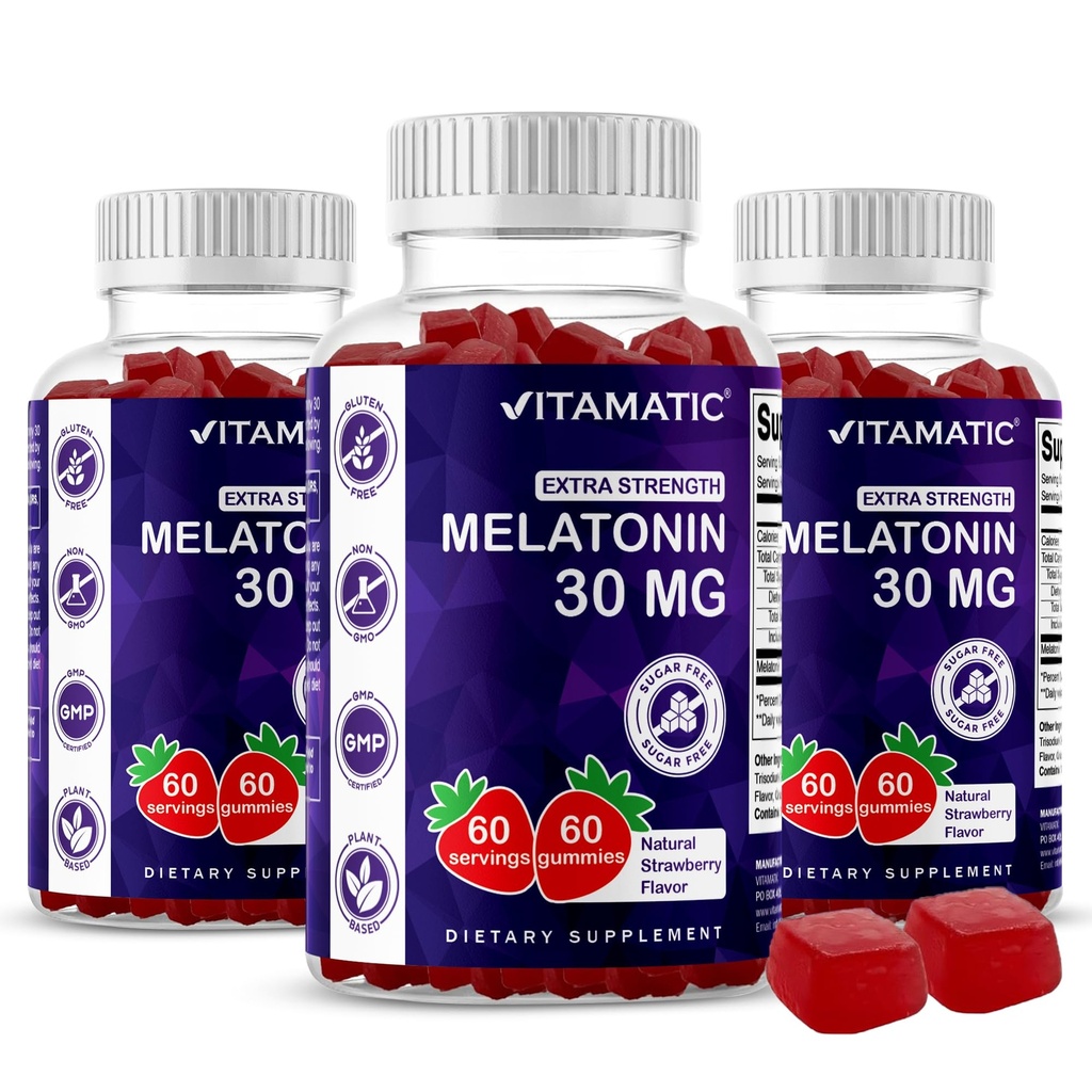 Vitamatic Sugar Free Melatonin 30mg per Gummy - 60 portioner - 60 Vegetariska Gummies - Icke-Habit Forming Supplement (60 greve av 3)
