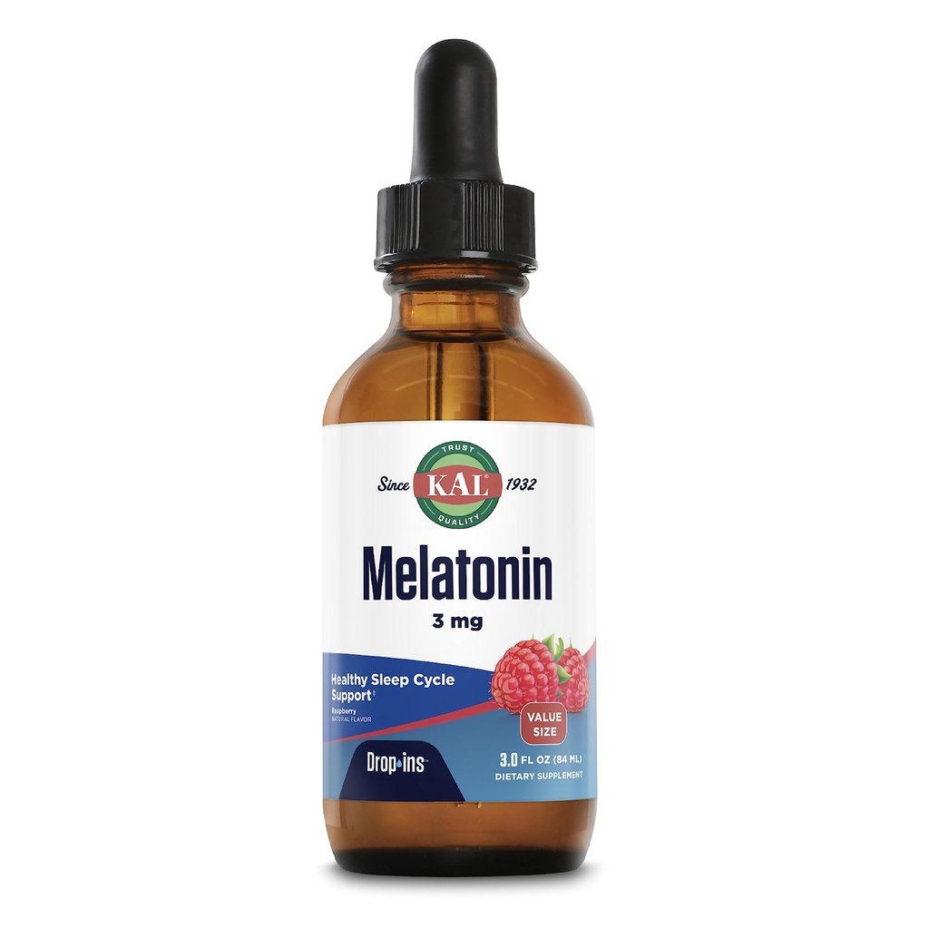 KAL Melatonin 3mg DropIns, Fast Acting Sleep Aid, Melatonin Drops for Calming Relaxation and Healthy Sleep Cycle Support, Natural Raspberry Flavor, 60 Day Guarantee, Approx. 88 Servings, 3 fl oz