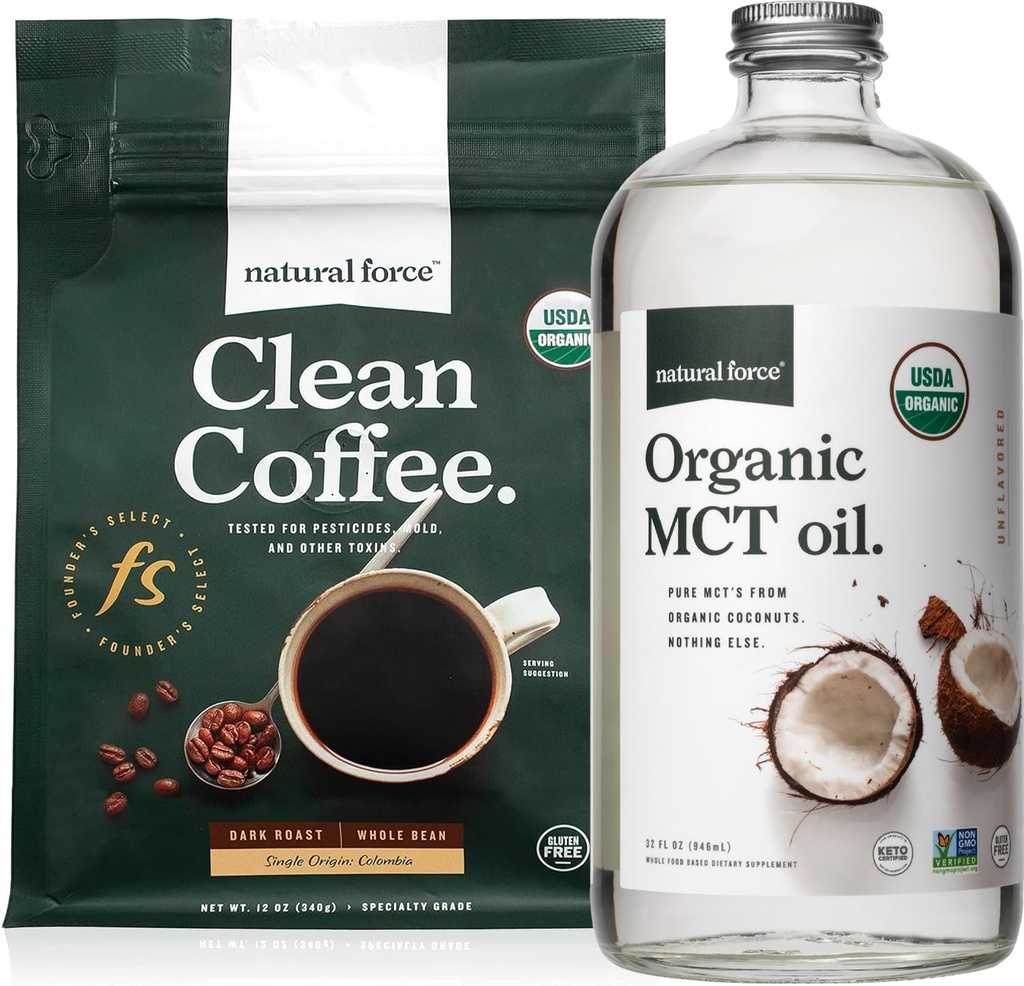 Natural Force Organic Dark Roast Clean Coffee + Organic MCT Oil Bundle - 100% Pure Coconut MCTs & Mold & Mycotoxin Free Coffee - Non-GMO, Keto, Paleo och Vegan - 12 Oz och 32 Oz
