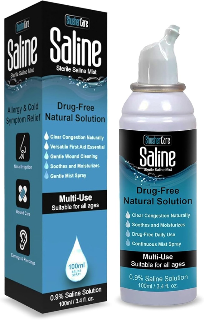 Saline Spray för näsa - Nasal Spray Saline Lösning för nyfödda, baby & vuxna, Salt Water Decongestant Mist för Stuffy Nose, Travel Friendly, Natural, 0,9% Saline - 100 ml (3,4 fl oz)