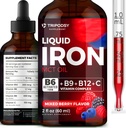 Flytande järntillskott för kvinnor och män - Järndroppar med B6, B9, B12, vitamin C för Anemi, Blodbyggare, folat för röd blodcell och immunstöd MCT Oil (2 Fl Oz, Mixed Berry)