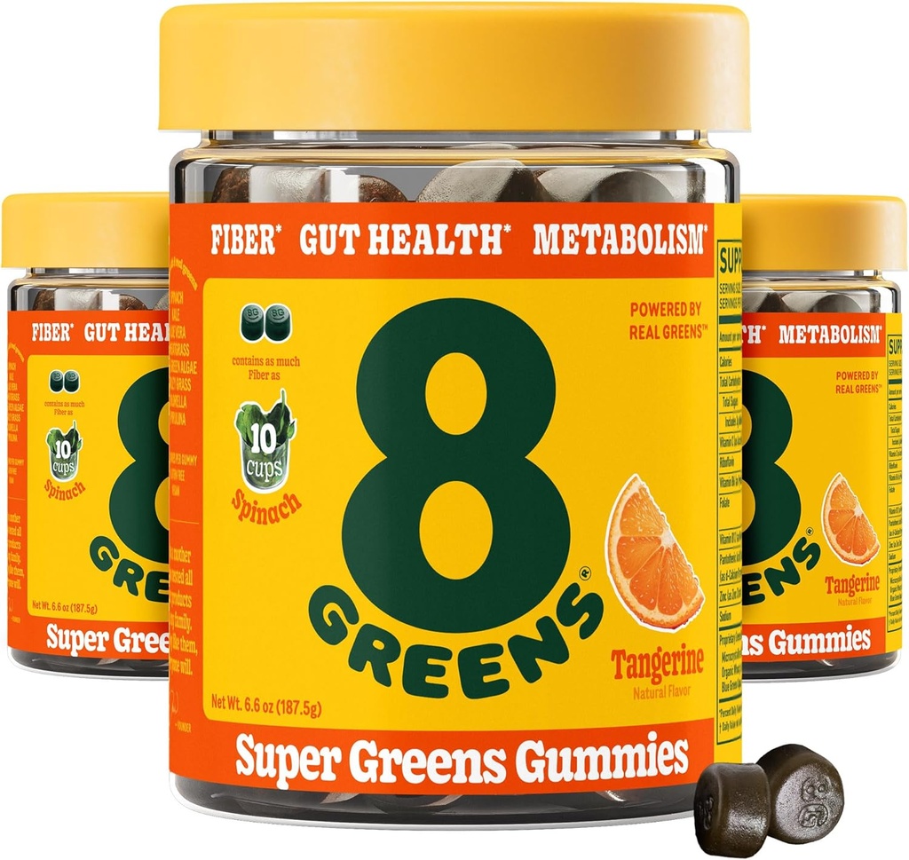 8Greens Daily Fiber Super Greens Gummies - Tangerine Flavor: Boost Immune System & Digestive Health with 8 Real Greens - Non-GMO Formula, Chewables, 50 Gummies, Pack of 3
