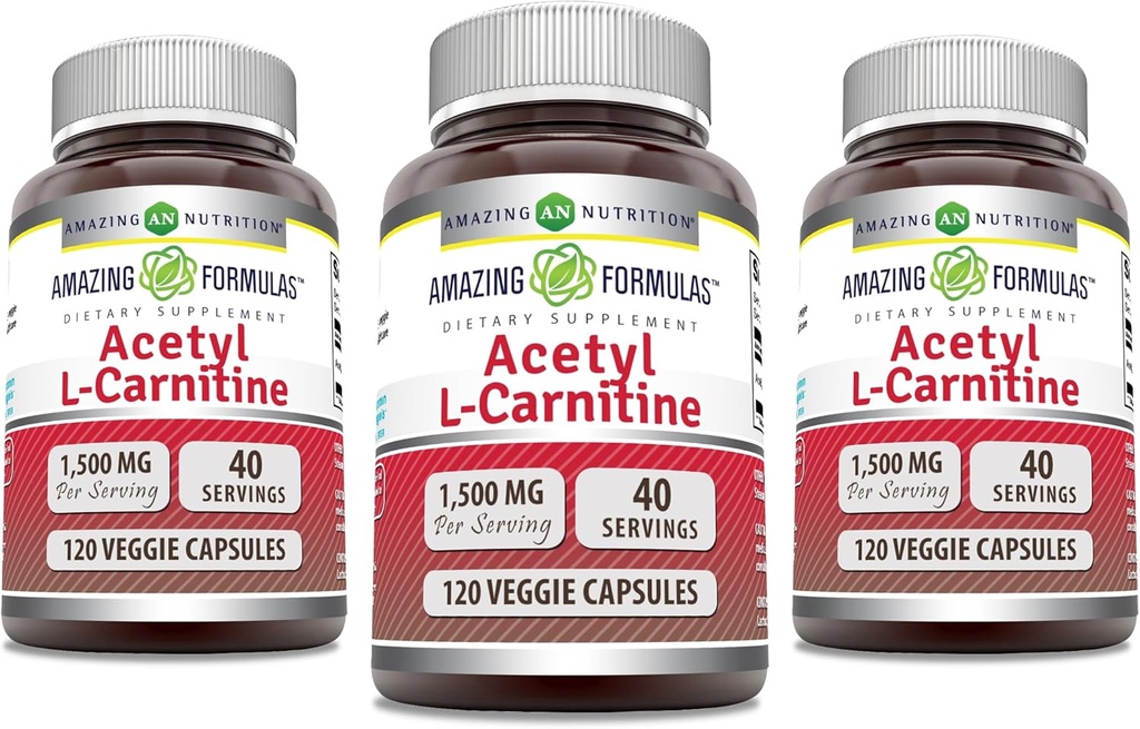 Fantastiska formler Acetyl L-Carnitine 1500 Mg Per Servering Veggie Capsules Supplement | Icke-GMO | Gluten Free | Tillverkad i USA | Lämplig för vegetarianer (120 greve) | Pack 3