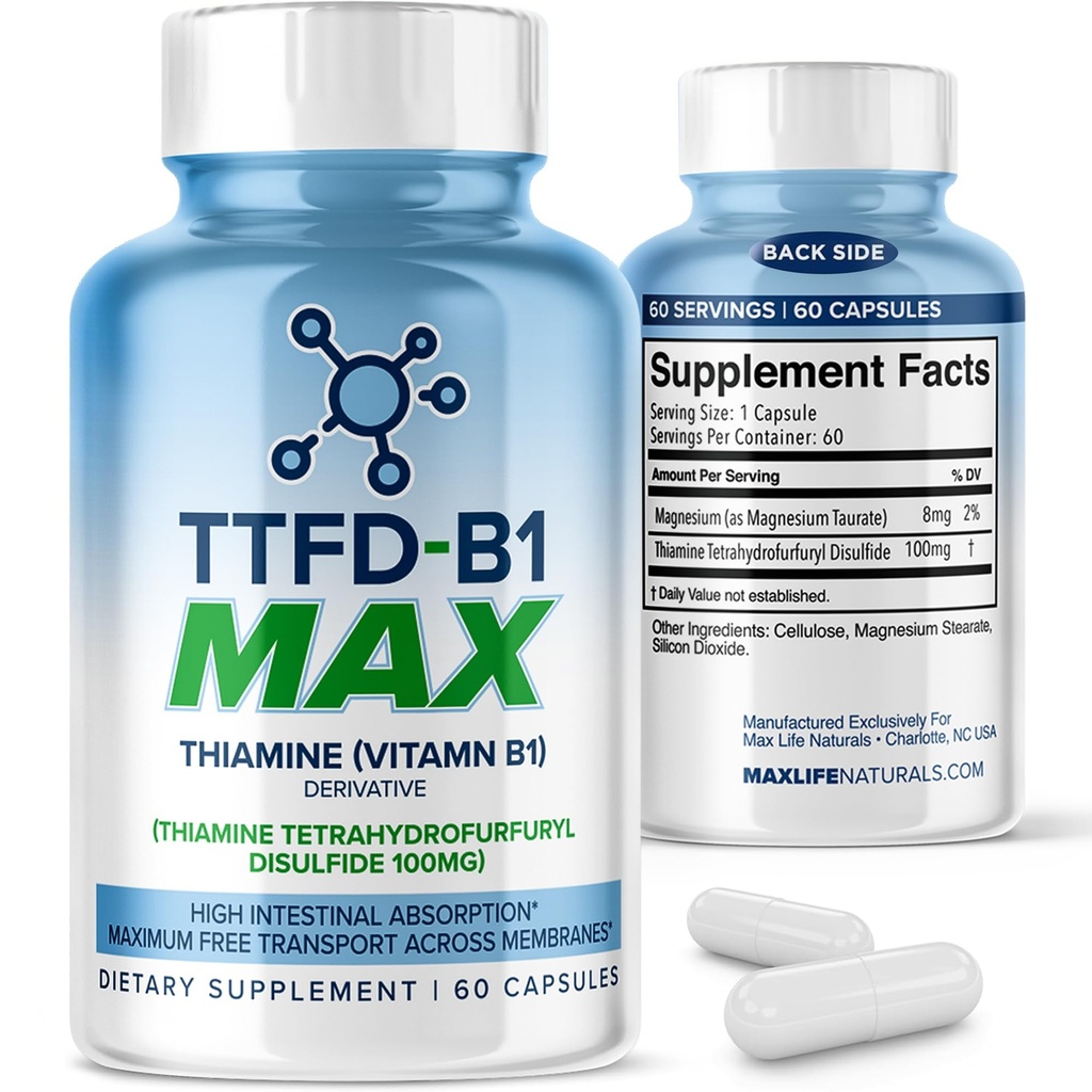 TTFD Thiamine B1 Supplement 60Capsules Made in USA-Tiamine TTFD Vitamin B1 MAX, High-Potency Supplement for Energy & Focus, Supports Healthy Nerve Function & Overall Wellness av MaxLife Naturals