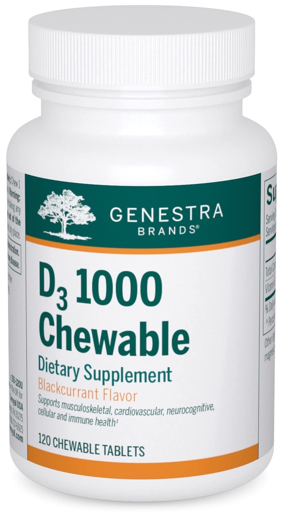 Genestra Brands D3 1000 Chewable | Vitamin D Supplement | 120 Tabletter | Naturlig Blackcurrant smak