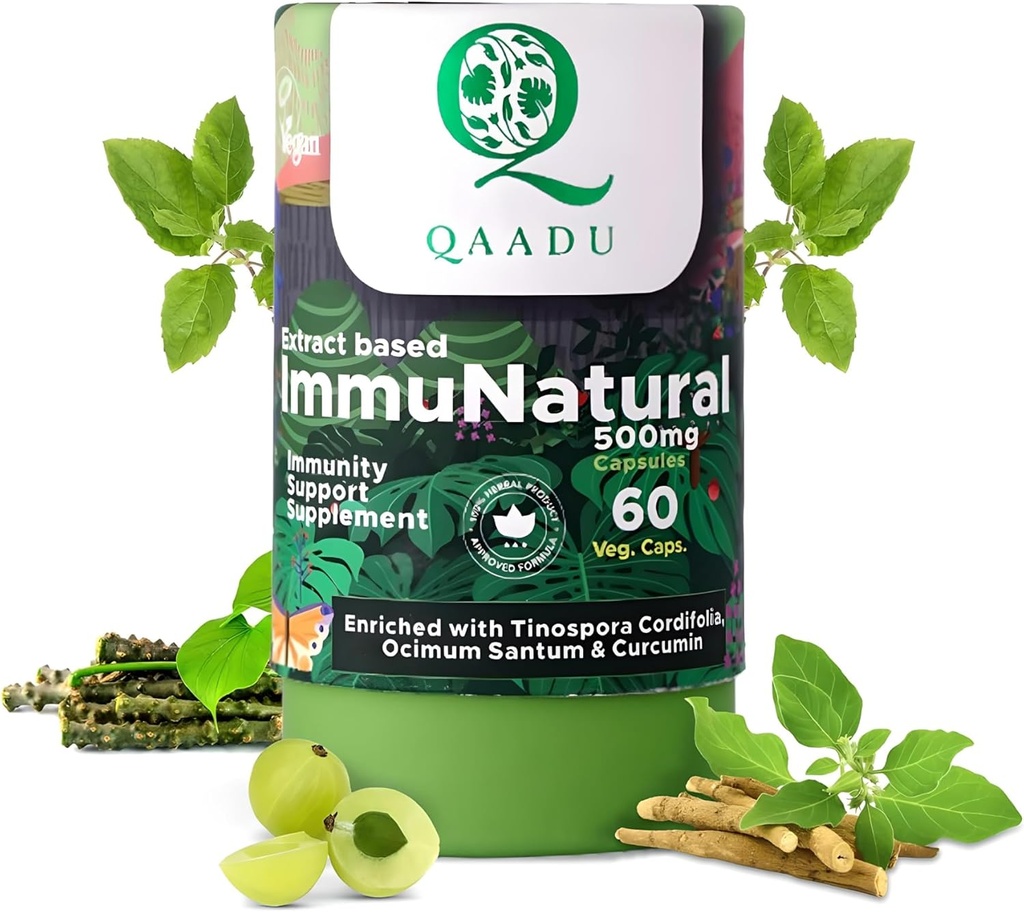 ImmuNatural for Adults 60 Capsules | Natural, Vegan Ayurvedic Immunity Boosters | Ashwagandha Tulsi Amla Haldi Mulethi Giloy | Suitable for 13 Years+ 500mg