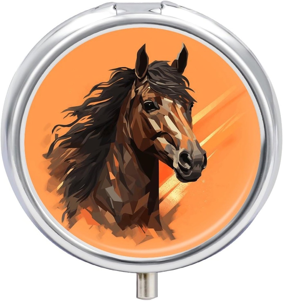 Travel Pill Box för Purse & Pocket,Orange Background med Horse Head Print Metal Small Pill Case,Round Cute Pill Organizer,3 Compartment Pill Container, Mini Pill Boxar för Pills, Vitaminer, Tillskott,