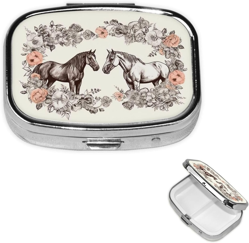 Pill Box blommor och hästar Hand Drawn Square Pill Case för Purse & Pocket 2 Compartment Medicine Pill Organizer Portable Travel Pillbox Medicine Vitamin Cod Liver Oil Storage Box