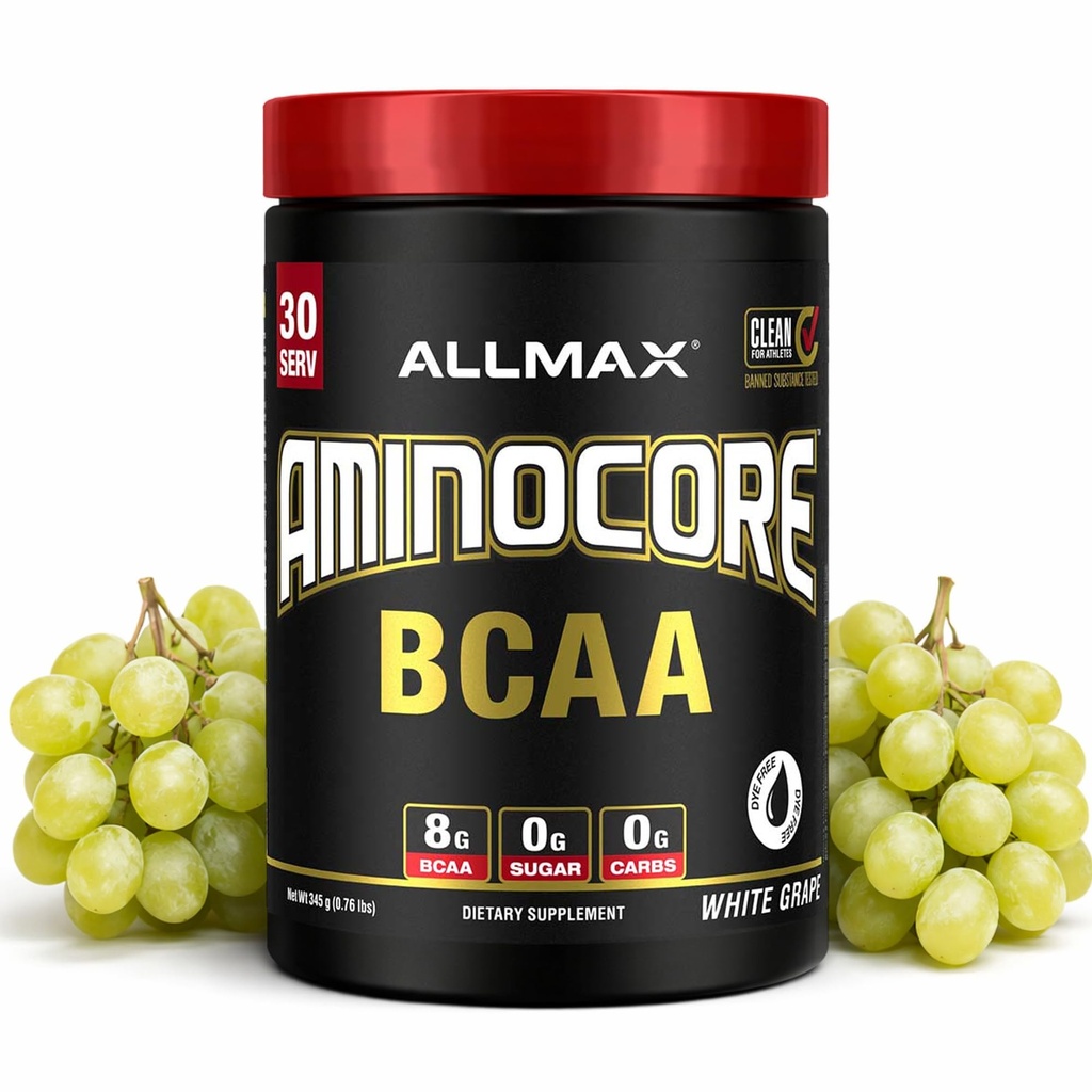 ALLMAX Nutrition AMINOCORE BCAA Powder, 8.18 Gram av Aminosyror, Intra och Post Workout Recovery Drink, Gluten Free, White Grape, 315 g
