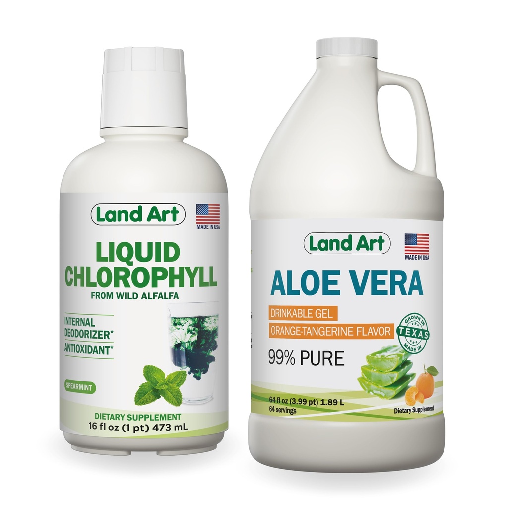 Land Art Aloe Vera Drinkable Gel - Orange Tangerine smaksatt - Cold-Processed - Organiska färska blad - 64floz + Liquid Chlorophyll Mint smaksatt - Kall extraherad från Wild Non-GMO Alfalfa - 16floz