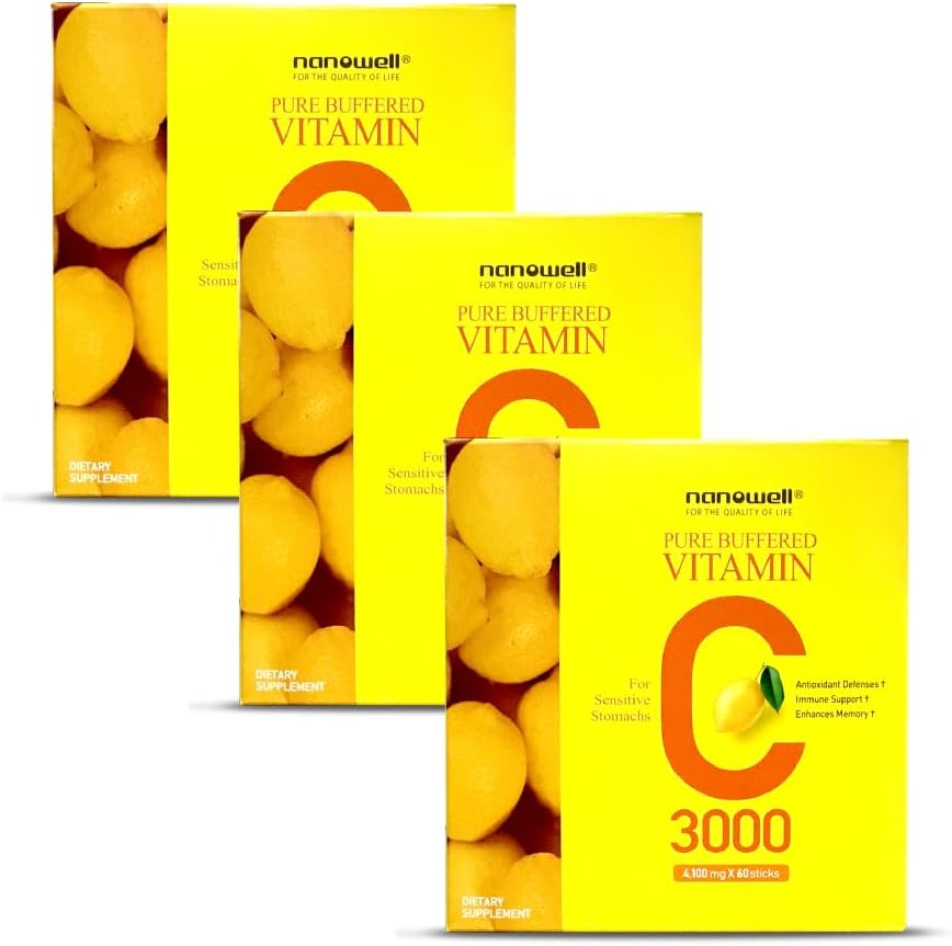 NANOWELL Pure Buffered Vitamin C 3000 mg per servering, kosttillskott för immunstöd - 60 Sticks x 3 lådor, 6 månaders leverans (180 greve)
