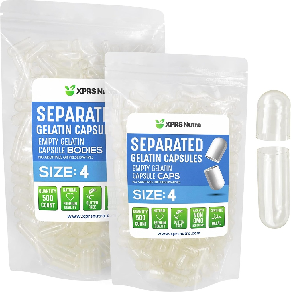 XPRS Nutra Gelatin Size 4 Separerade kapslar - 500 greve Clear Small Empty Capsules Separated in Bags - DIY Fillable Pill Caps - Size 4 Gel Do-It-Yourself Vitamin och Supplement Filling