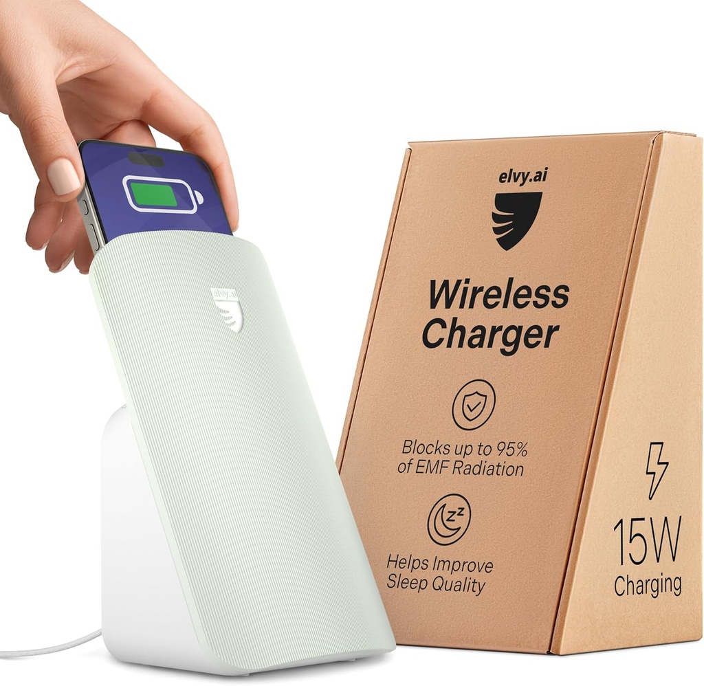 Elvy Fast Qi Wireless Charger för mobiltelefoner - Designad med EMF Management Technology för förbättrad laddning, Avancerad miljösköld, Lab Testad av Ordos Tech, 2023 (Mint Green)