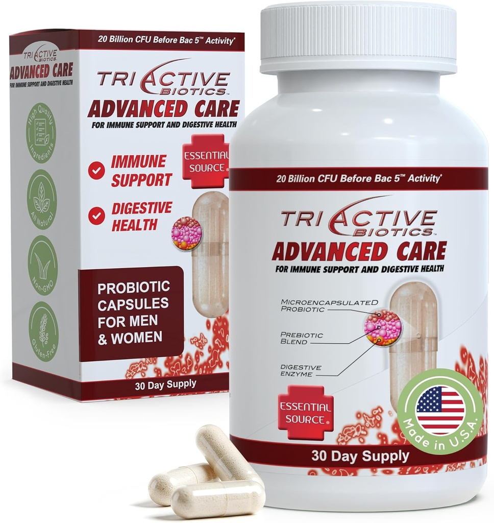 Essential Source TriActive Biotics Advanced Care - 20 miljarder CFU Probiotics for Digestive Health, Immune Support Supplement, Microencapsulated Probiotics for Women & Men, 30 Ct Capsules
