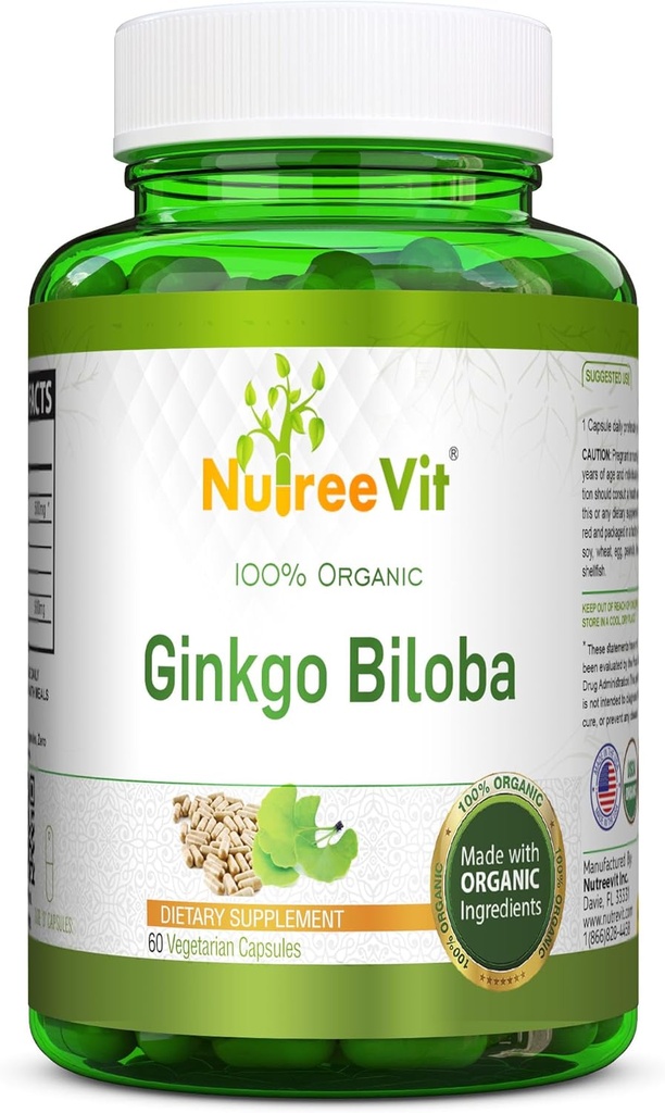 NutreeVit 100% organisk Ginkgo Biloba Capsules - Stöder hjärnhälsa, Mental Alertness, cirkulation och ökar minnet - organisk antioxidant - 100 greve flaska