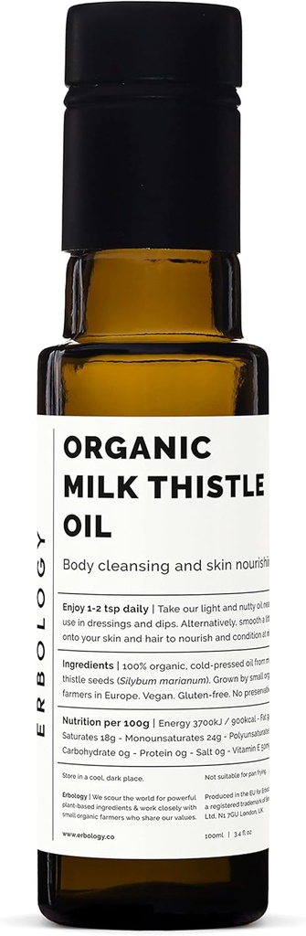Erbologi Organic Milk Thistle Oil 3.4 fl oz - Cold-Pressed - Hög i vitamin E - Avgiftning - Rakt från gård - Icke GMO - Inga tillsatser eller konserveringsmedel - Återvinningsbar glasflaska