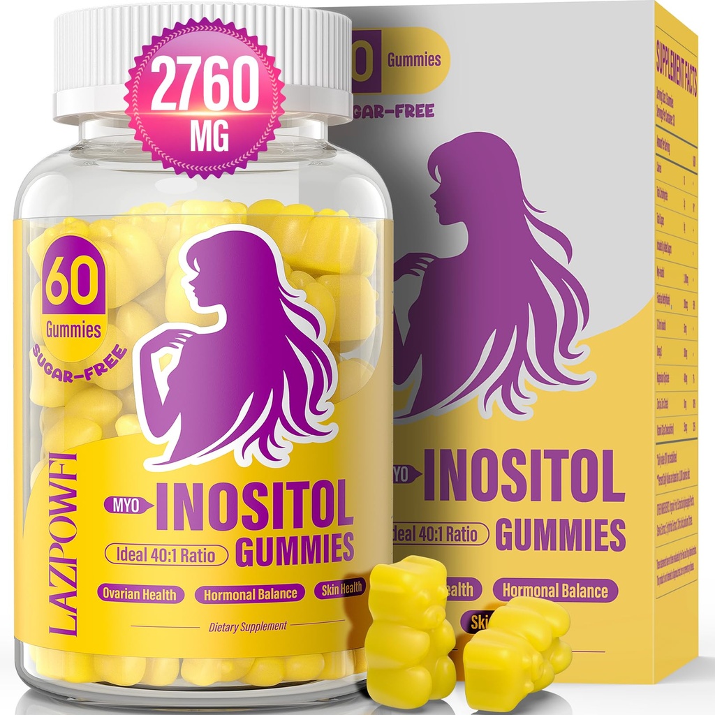 Myo-Inositol & D-Chiro Inositol, Inositol Gummies med vitamin D3, Magnesium Glycinate, Omega-3, Folate & Zink, Inositol Supplement Menstrual Cycle för kvinnor-40:1 Ratio-30 Day Supply