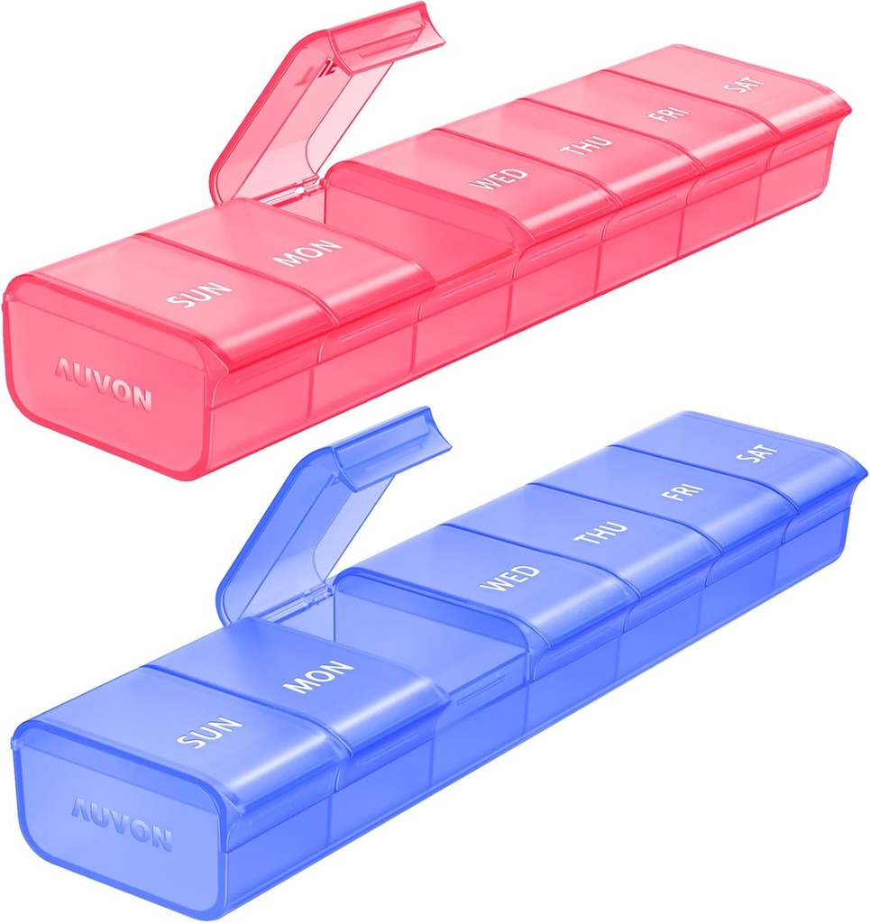 AUVON 2 Pack Weekly Pill Organizer, Dual-Color Large Pill Case Set för Multiple Pill Tracking, Pill Box 7 Day for Travel, Pill Container för hemmabruk för att hålla vitaminer, tillägg, Mediciner