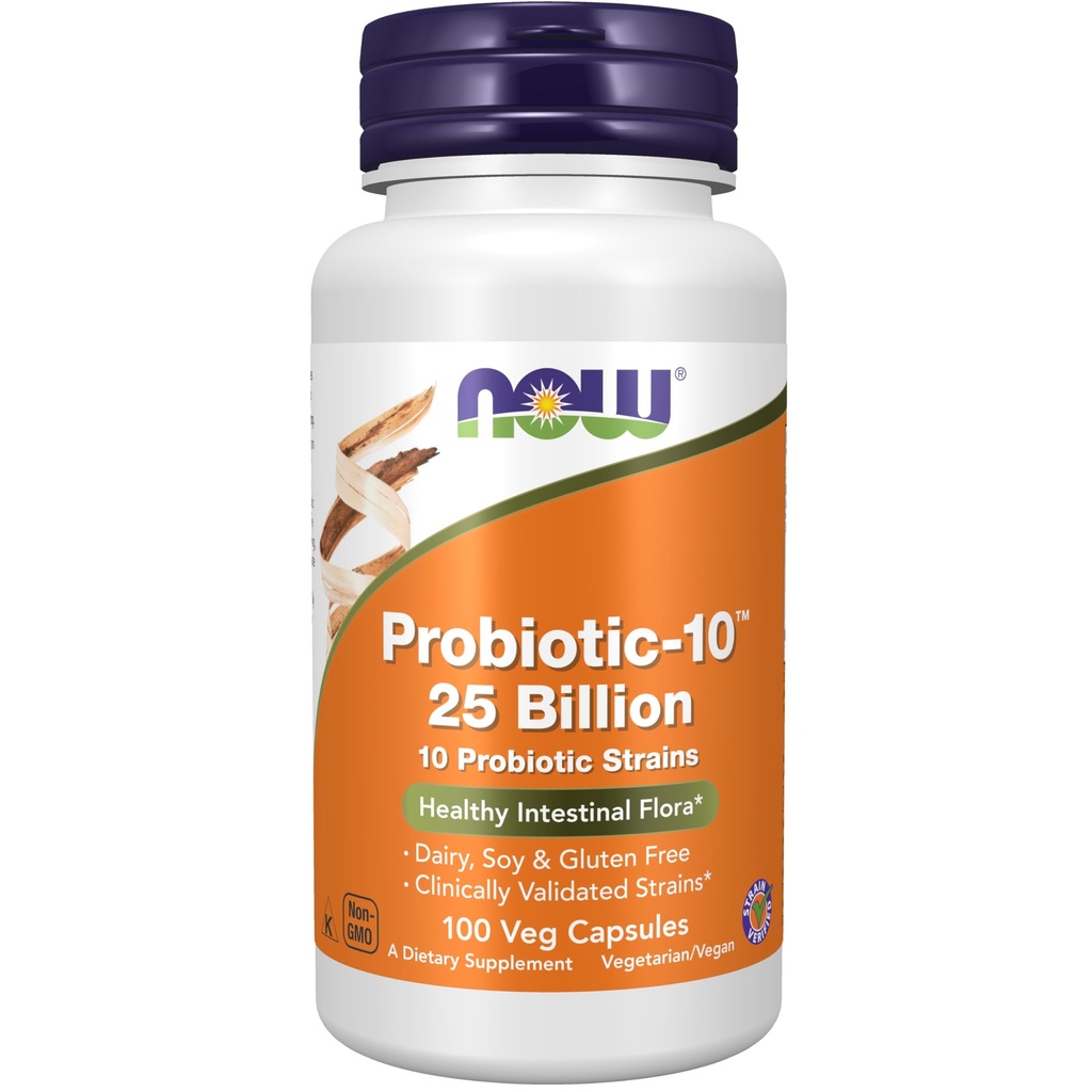 NOW Foods Supplements, Probiotic-10TM, 25 miljarder, med 10 Probiotiska stammar, Dairy, Soy och Gluten Free, Strain Verified, 100 Veg Capsules