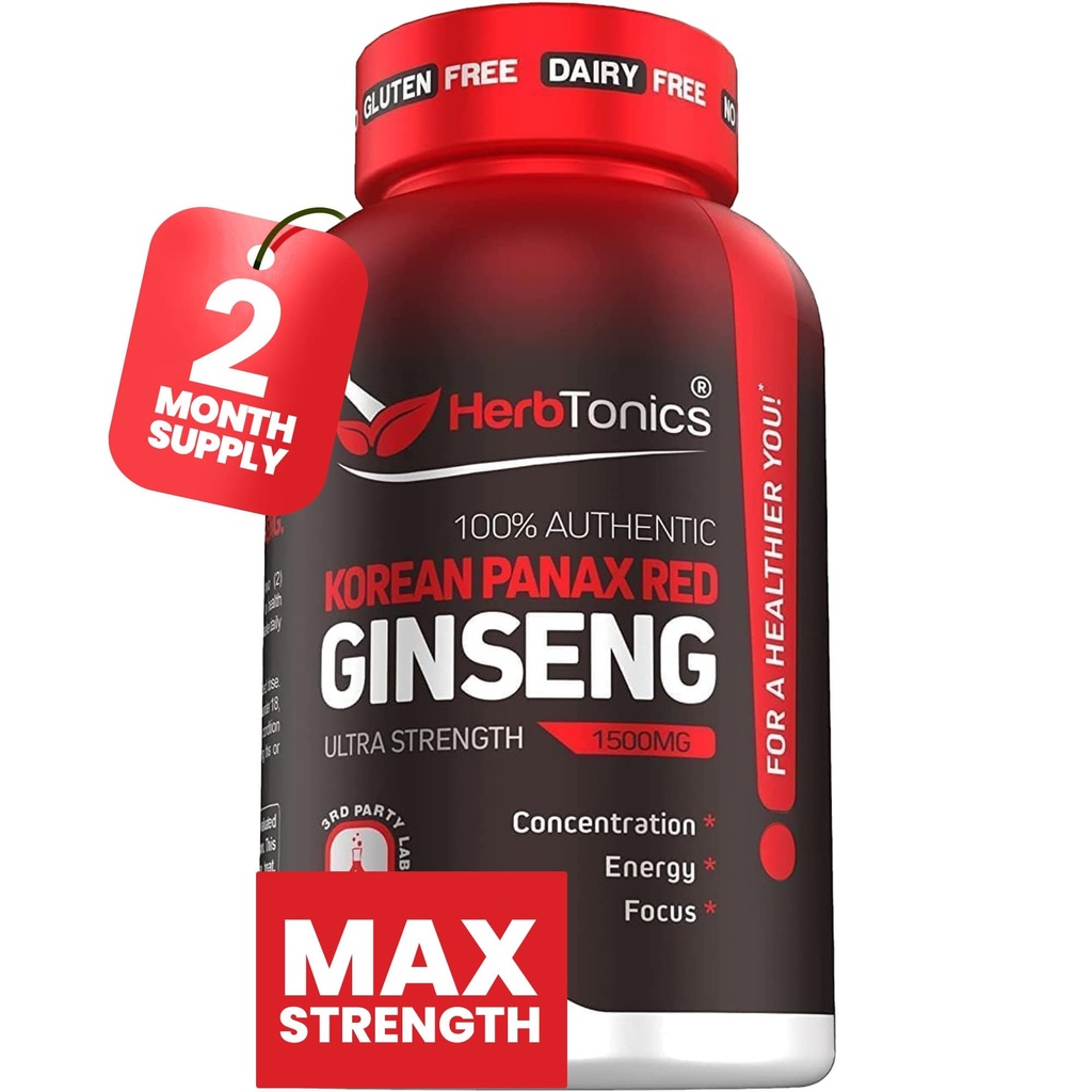 Herbtonics Korean Red Panax Ginseng 1500mg - Energiförsörjning för Peak Performance, Focus & Vitality - High Potency Ginseng Root Extract - 120 Vegan kapslar