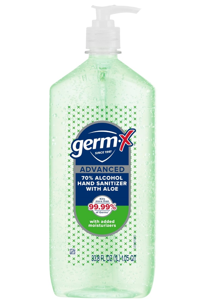 Germ-X Advanced Hand Sanitizer med Aloe och Vitamin E, Icke-torr Moisturizing Gel, Instant och No Rinse Formel, Pump Bottle, Tillbaka till skolmaterial, 1 Liter