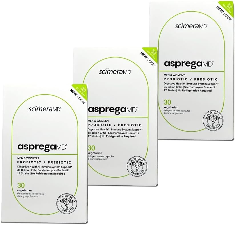 Asprega 30CT - Probiotic + Prebiotic Supplement | 17 Stammar, 35 miljarder CFUs | Fördröjd frisättning | Saccharomyces Boulardii | för Män & Kvinnor | av ScimeraMD, 3-Pack