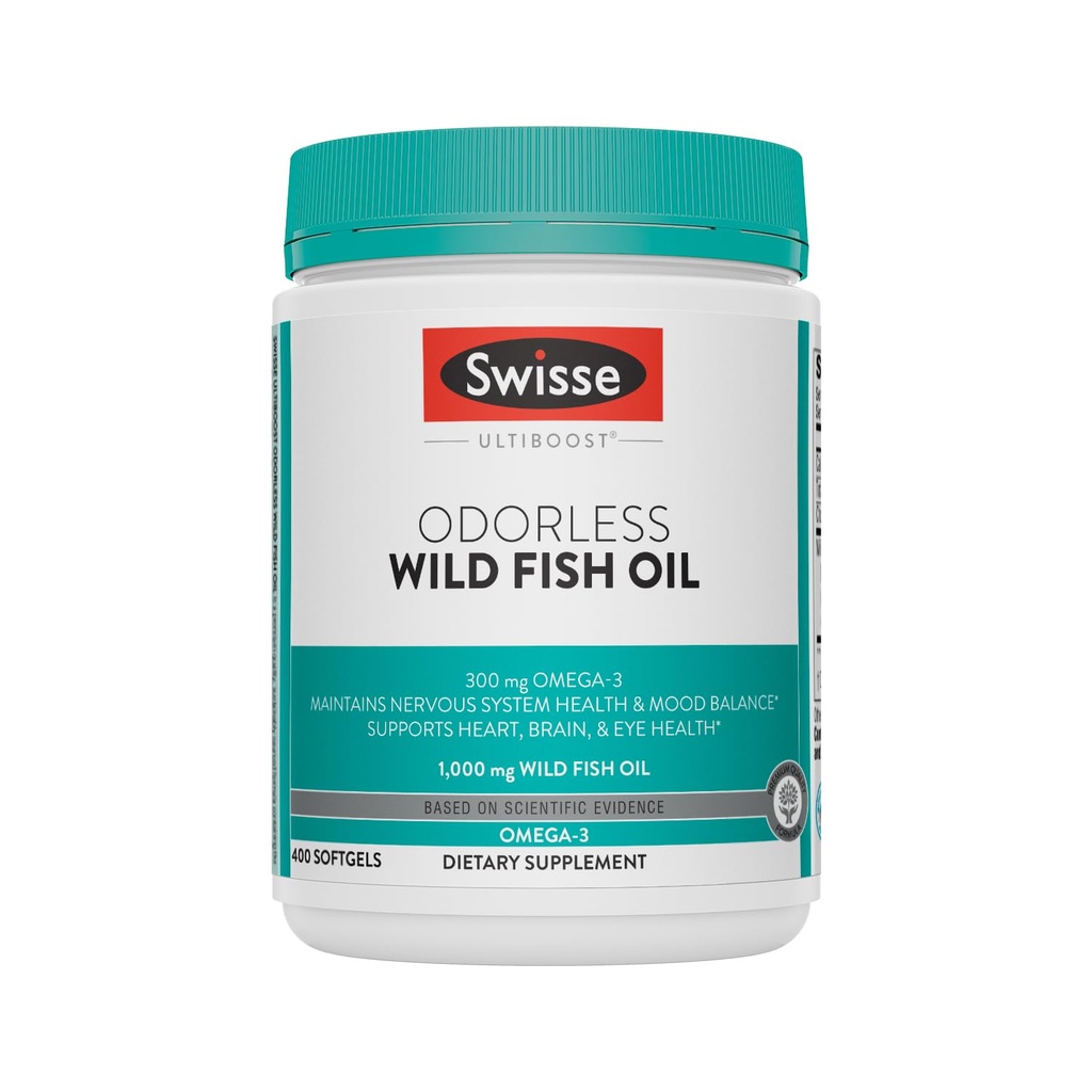 Swisse Wild Fish Oil Omega 3 Supplements for Women and Men 1000 mg Softgels | EPA DHA Fish Oil Supplements | Odorless - Hjälper till att stödja hjärna, ögon och hjärthälsa | 400 Softgel piller