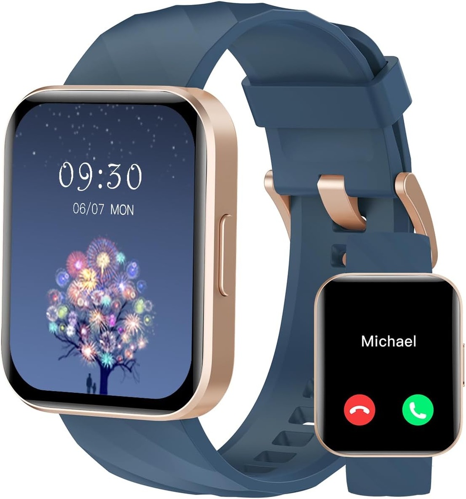 RUIMEN Smart Watches for Women Men (Answer/Make Calls) kompatibel med iPhone/Android Phones, 1.85" HD Screen Fitness Tracker Heart Rate Monitor 100+ Sports Tracker Watch Waterproof (Blue)