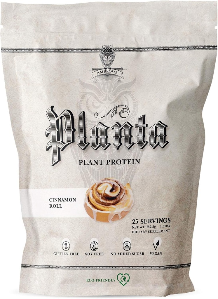 Ambrosia Planta - Premium Plant-Based Protein | Vegan & Keto Friendly | Gourmet smaker utan uppblåsthet eller mage upprörd | Gluten & Soy Free | No Added Sugar | 25 portioner | Cinnamon Roll