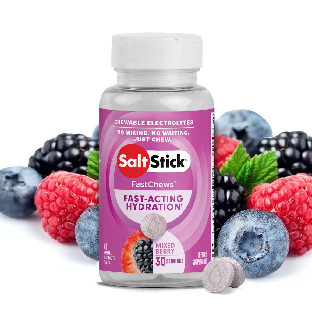 SaltStick Electrolyte FastChews - 60 blandade Berry Chewable Electrolytes - Salt tabletter för körning och hydrering, Electrolyte Chews - 60 greve