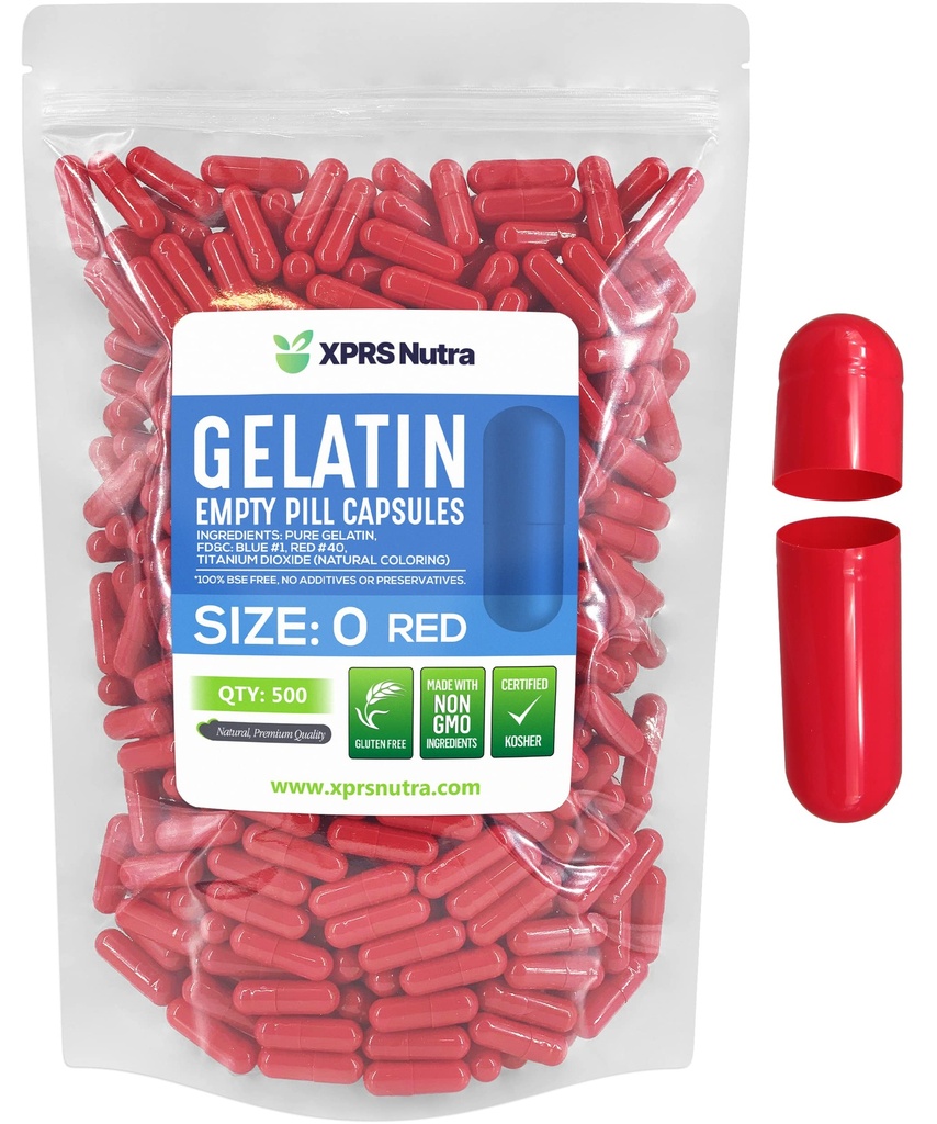 XPRS Nutra Size 0 Empty Capsules - 500 greve Empty Gelatin Capsules - Pills DIY Capsule Filling - Pure Bovine Fillable Pill Gel Caps för Do-It-Yourself Supplements (Red)