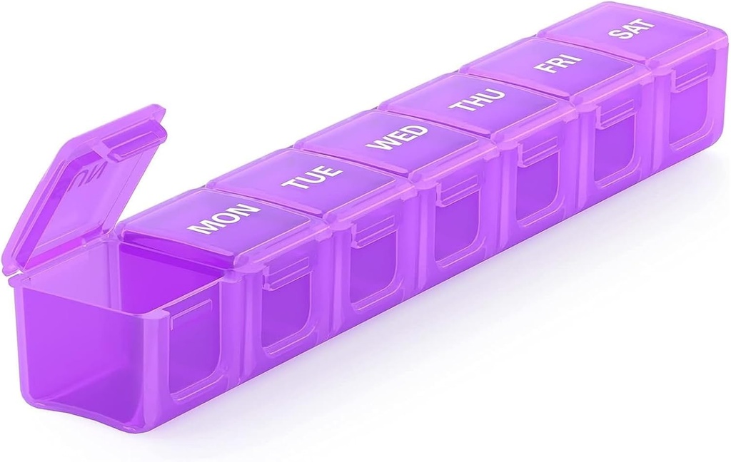 Sukuos Extra Large Weekly Pill Organizer, 7 Day Daily Pill Box Case Arthritis Friendly, Silkscreen Printed Medicine Container med Clear Lid för vitaminer, fiskoljor eller tillskott (Purple)