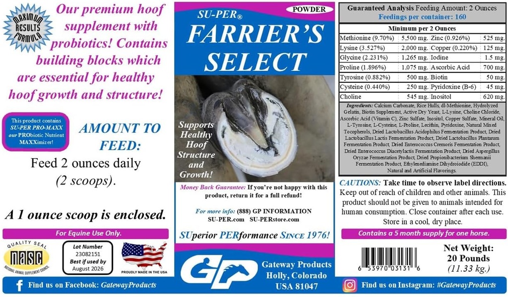 SU-PER Farrier's Select Hoof Supplement - Horse Premium Hoof Care Supplement med probiotika - Hälsosam tillväxt - 20 pund, 5 månaders leverans