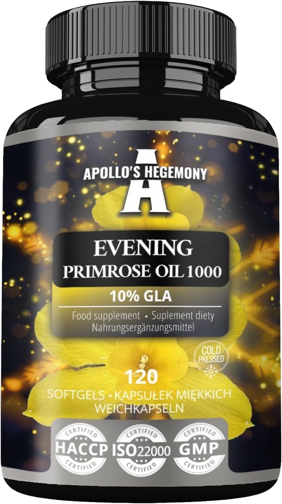 APOLLOs HEGEMONY Evening Primrose Oil 1000 mg med vitamin E - Innehåller 100 mg GLA-syra - 120 Softgel-kapslar - 4 månaders leverans - Kosttillskott för att stödja hormonbalans och hudhälsa