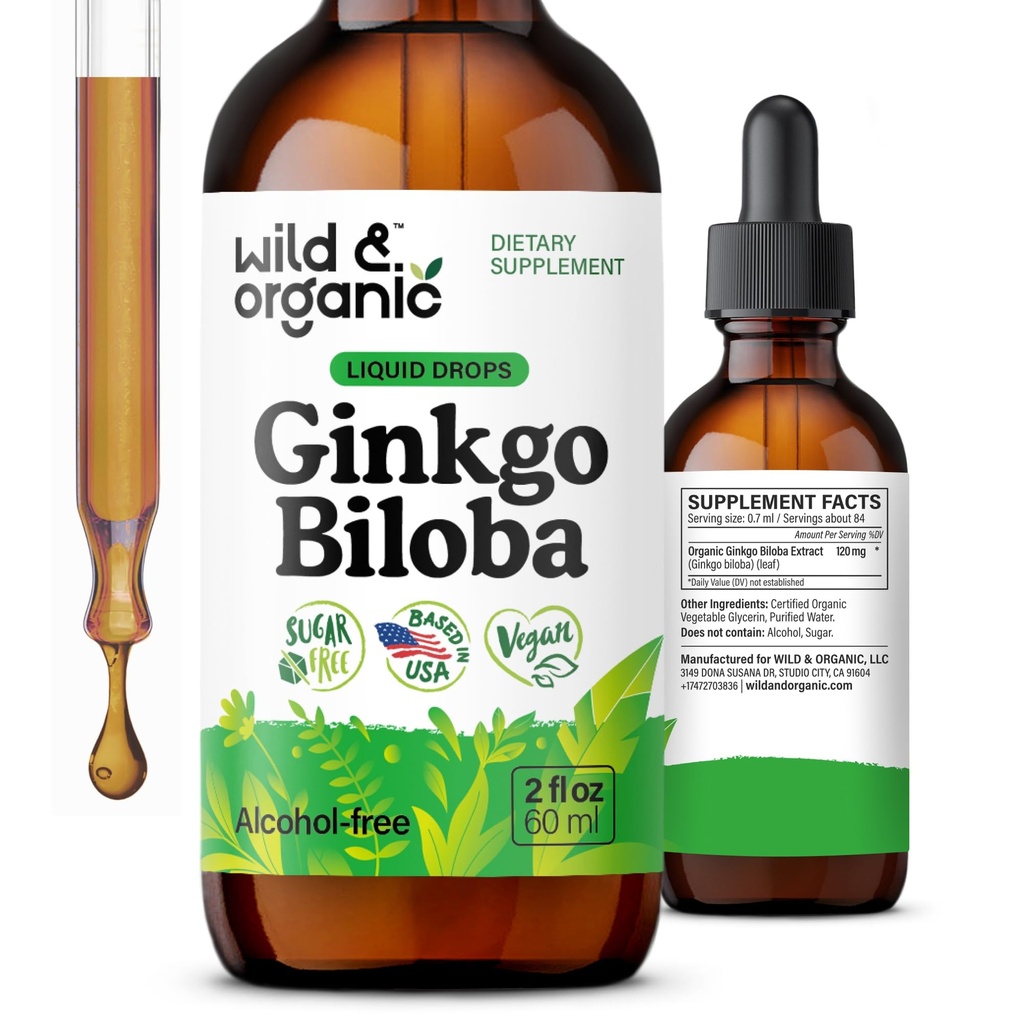 Wild & Organic Ginkgo Biloba Tincture - Brain & Focus Support med Ginkgo Leaf Supplement - Vegan, Sugar & Alkoholfri Herbal Extract Tincture - 2 fl oz