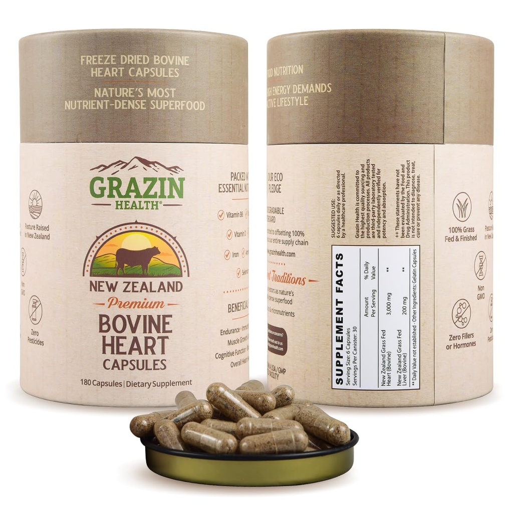 Grass-Fed Freeze-Dried Bovine Heart & Liver Capsules 3000 mg per Servering | CoQ10, Iron, Zink & B12 Supplement för naturligt hjärta, energi och immunstöd