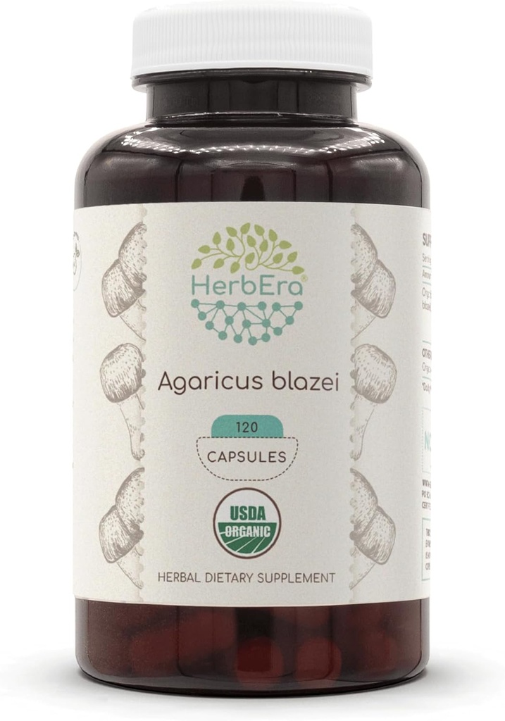 HerbEra Agaricus Blazei USDA Organic 120 kapslar | Natural Herbal Supplement | Certified Organic Vegetarian Capsules and Organic Agaricus Blazei (Agaricus blazei murill) Torkad Mushroom (120 kapslar)