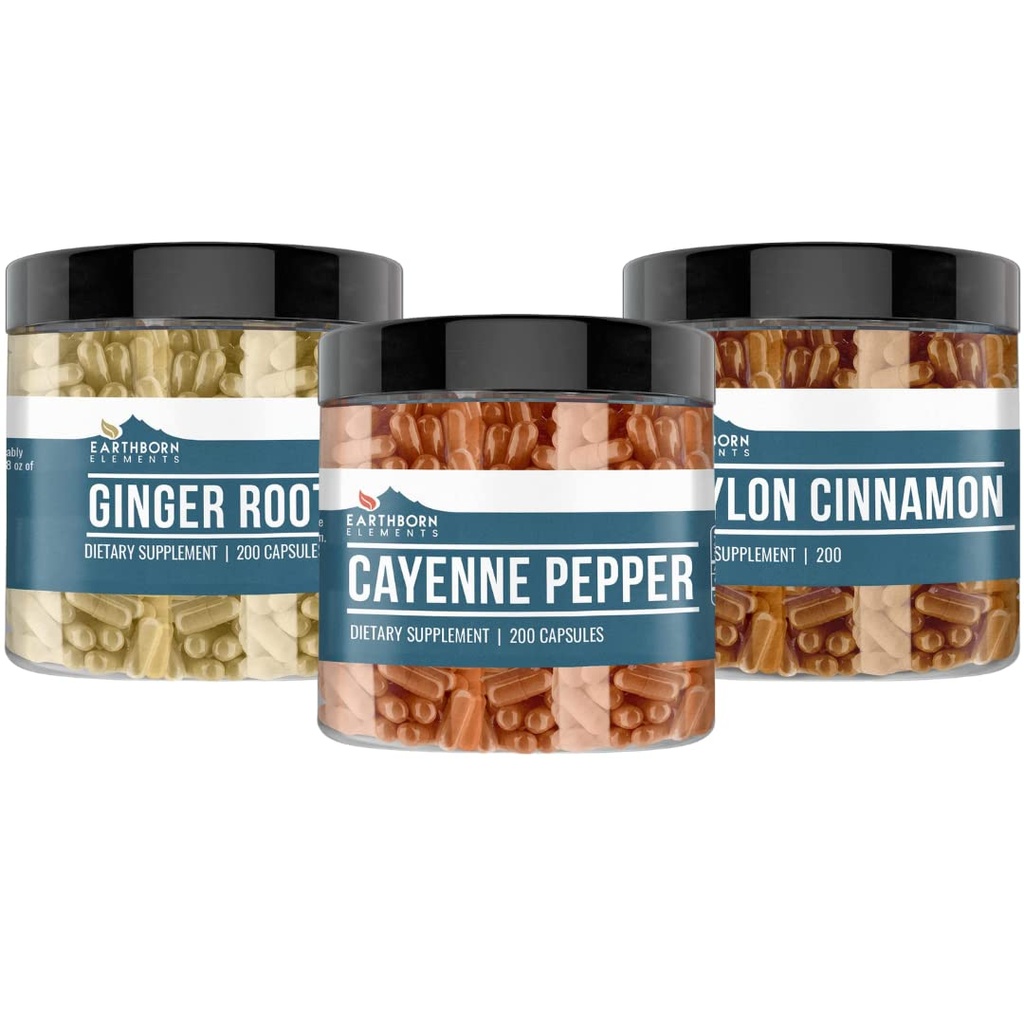 Earthborn Elements Cayenne Pepper, Ceylon Cinnamon & Ginger Root Bundle (200 kapslar varje), Pure & Undiluted, Inga tillsatser