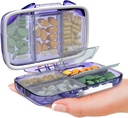 Travel Pill Organizer - Moisture Proof Portable Vitamin Holder med 7 Compartments, Compact Supplement Case for Purse Essential Medicine Kit Fo Traveling Pocket Pharmacy with Labels, Purple