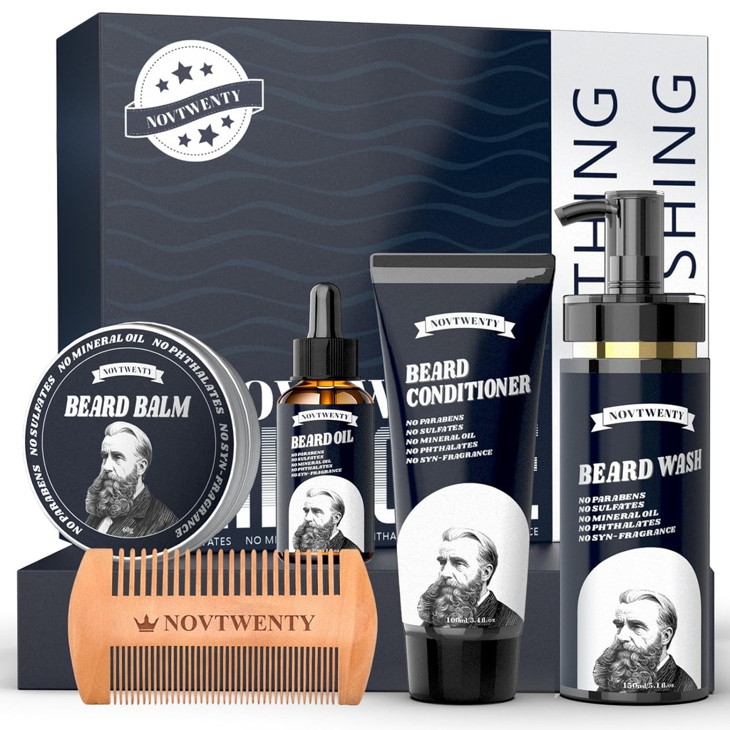 Beard Growth Kit - Mobiuty Mäns Beard Care Kit med naturliga ingredienser, Inkluderar skäggtvätt, skäggolja, skäggkonditionär, skäggbalsam och skäggkombination, presentuppsättning för pojkvännen make fäder