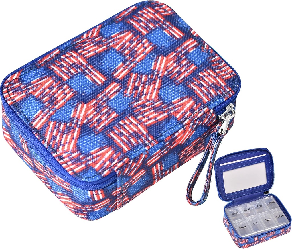 Pill Organizer Case Travel Medicine Box 7 Day Vitamin Supplement Compact Dispenser i Zipper Pouch Bag (US Flag)