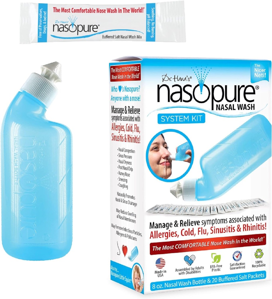 Nasopure Nasal Wash, System Kit, “The Nicer Neti Pot” Sinus Wash Kit, Comfortable Nasal Rinse 8 Oz Bottle & 20 Salt Packets (3.75 Grams Each), Nasal Congestion, Cold, Flu, Allergy, Nasal Irrigation